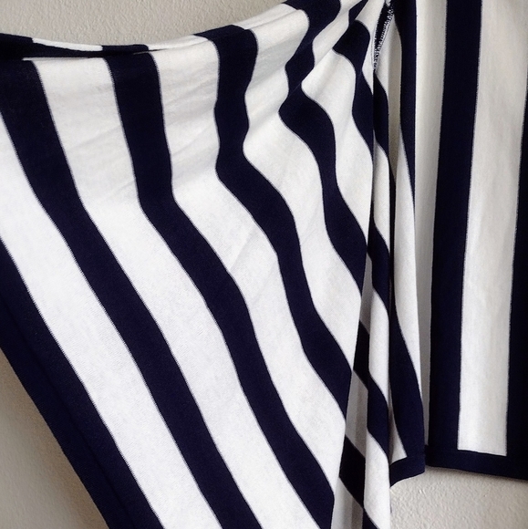 Navy Blue Striped Open Front Waterfall Cardigan Medium Coastal Grandma Fisherman - Picture 6 of 9